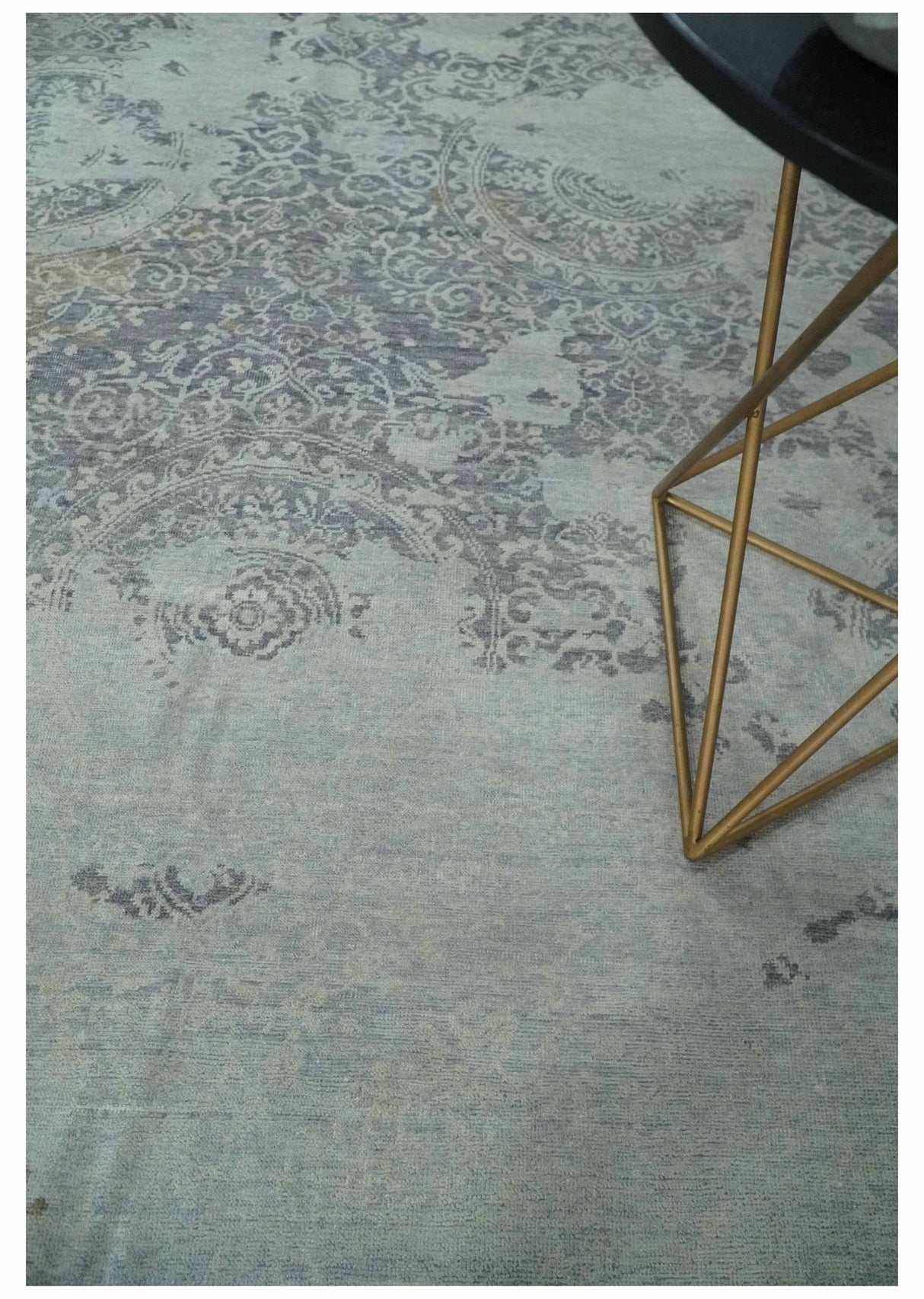 Erased Abstract 8x10 Silver, Blue and Brown Antique Style, Traditional Low Pile Hand Knotted Wool Rug
