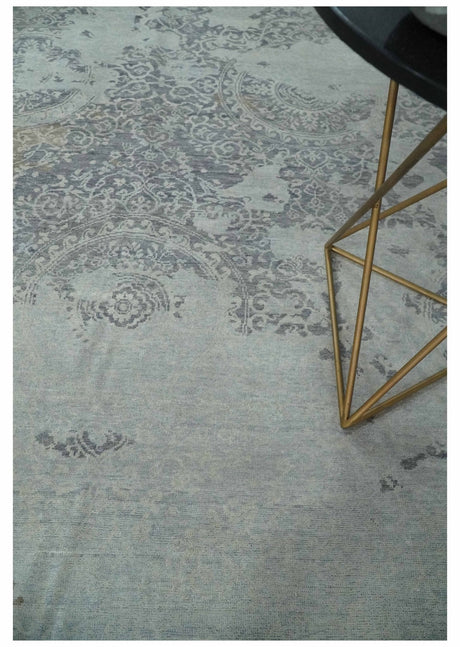 Erased Abstract 8x10 Silver, Blue and Brown Antique Style, Traditional Low Pile Hand Knotted Wool Rug