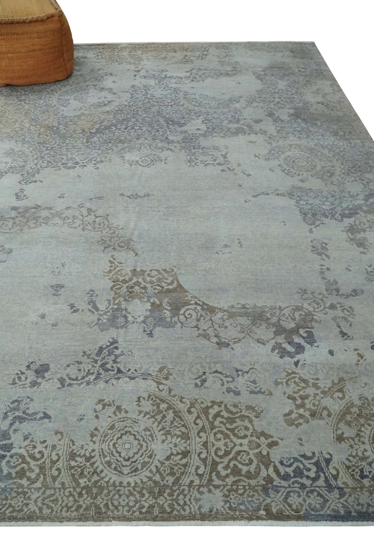 Erased Abstract 8x10 Silver, Blue and Brown Antique Style, Traditional Low Pile Hand Knotted Wool Rug