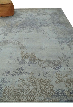 Erased Abstract 8x10 Silver, Blue and Brown Antique Style, Traditional Low Pile Hand Knotted Wool Rug