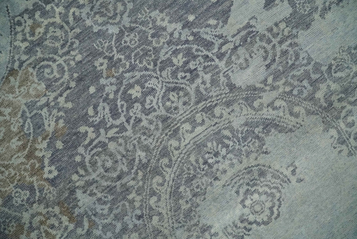 Erased Abstract 8x10 Silver, Blue and Brown Antique Style, Traditional Low Pile Hand Knotted Wool Rug