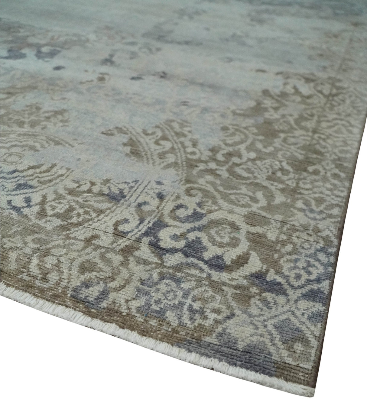 Erased Abstract 8x10 Silver, Blue and Brown Antique Style, Traditional Low Pile Hand Knotted Wool Rug
