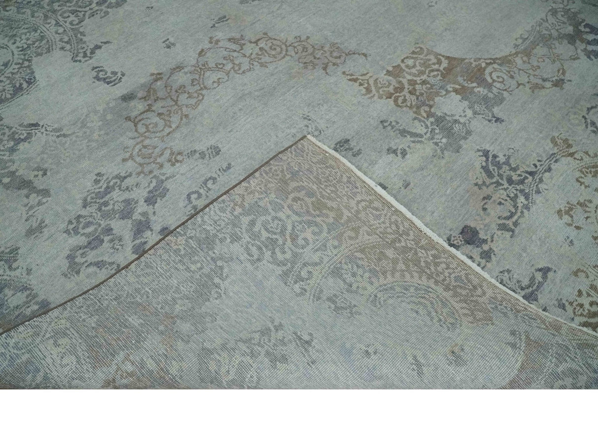 Erased Abstract 8x10 Silver, Blue and Brown Antique Style, Traditional Low Pile Hand Knotted Wool Rug