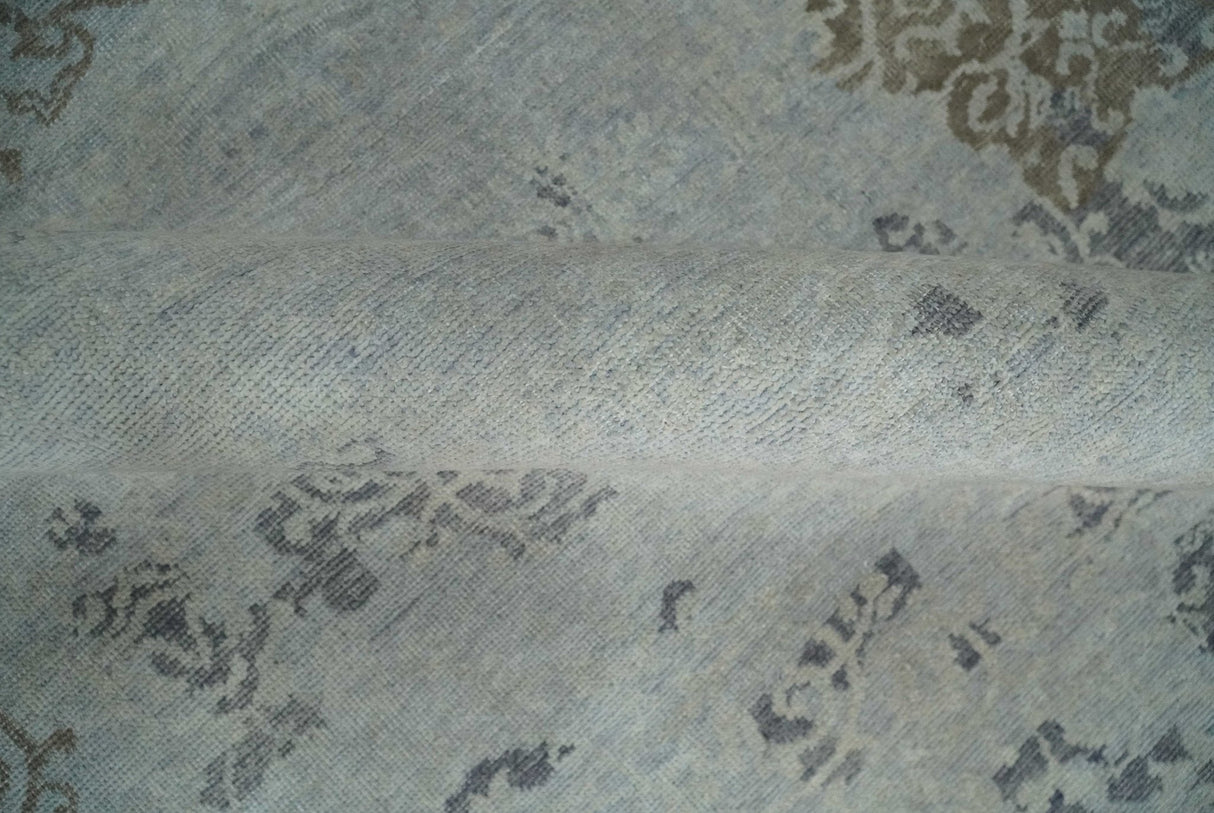 Erased Abstract 8x10 Silver, Blue and Brown Antique Style, Traditional Low Pile Hand Knotted Wool Rug