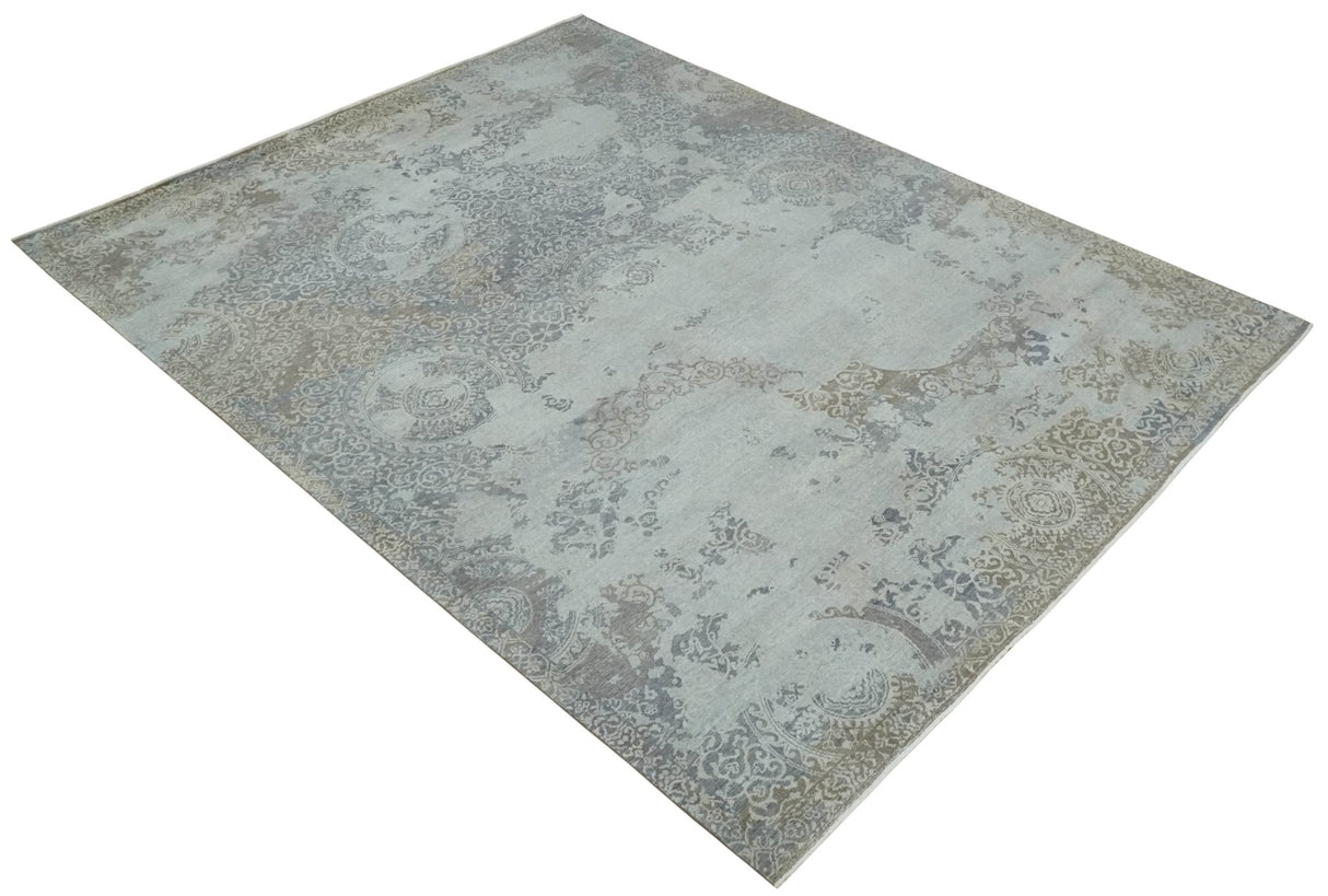Erased Abstract 8x10 Silver, Blue and Brown Antique Style, Traditional Low Pile Hand Knotted Wool Rug