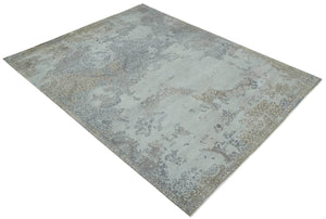 Erased Abstract 8x10 Silver, Blue and Brown Antique Style, Traditional Low Pile Hand Knotted Wool Rug