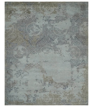 Erased Abstract 8x10 Silver, Blue and Brown Antique Style, Traditional Low Pile Hand Knotted Wool Rug