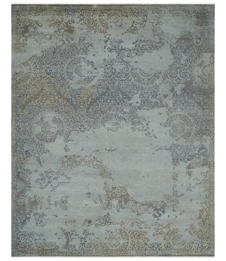 Erased Abstract 8x10 Silver, Blue and Brown Antique Style, Traditional Low Pile Hand Knotted Wool Rug