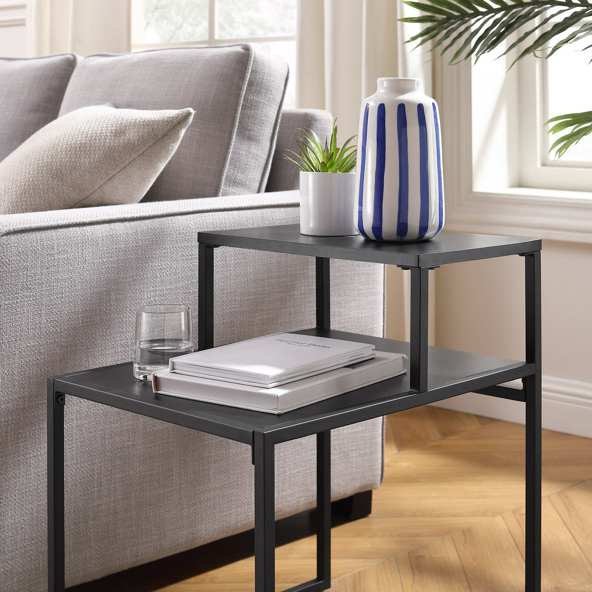 Fasi 16" Metal and Wood Two Tiered Side Table