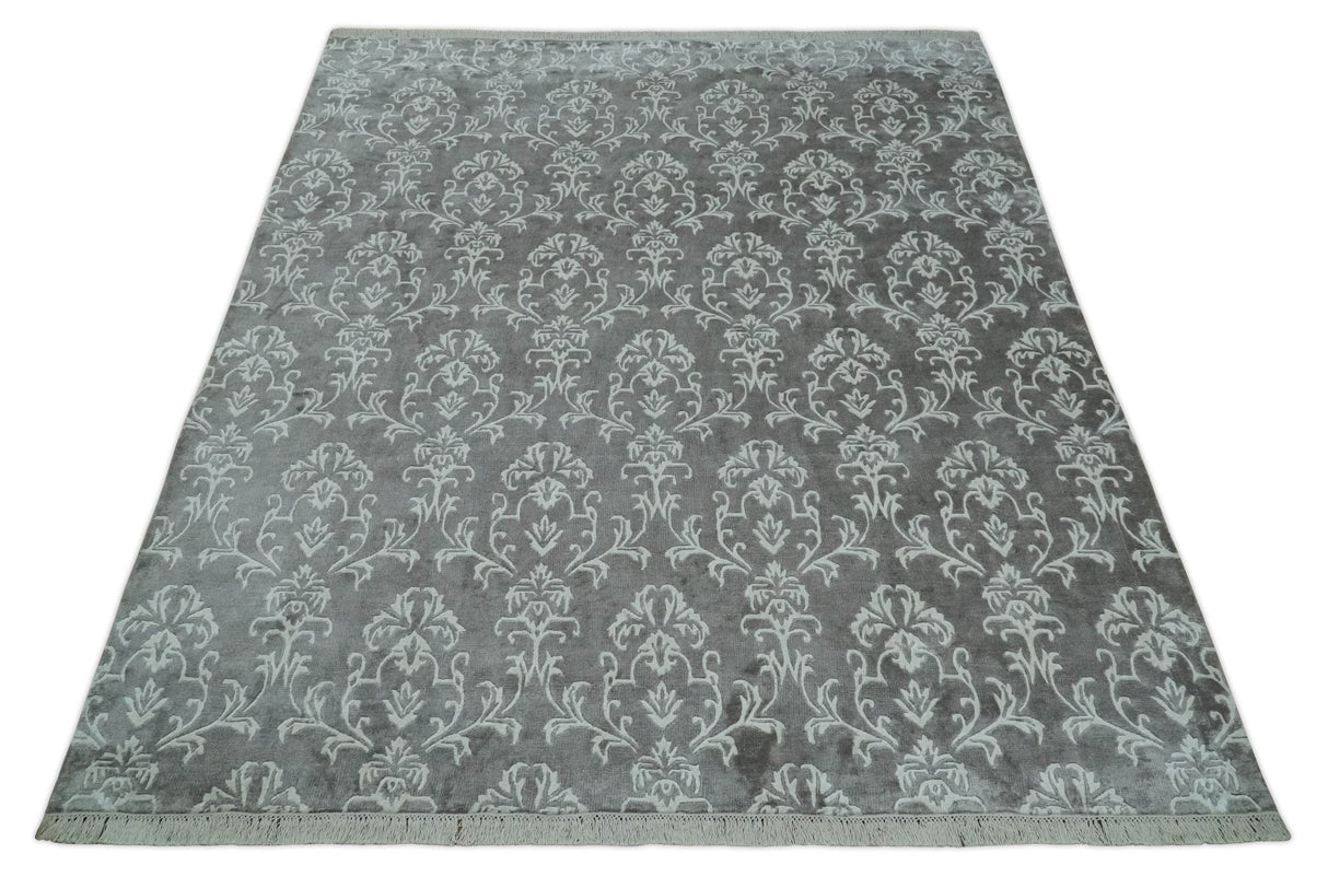 Fine 8x10 Hand Knotted Gray and Ivory Traditional Modern Style Art Art Silk Rug, Living Room Rug