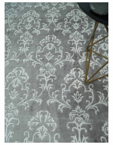 Fine 8x10 Hand Knotted Gray and Ivory Traditional Modern Style Art Art Silk Rug, Living Room Rug