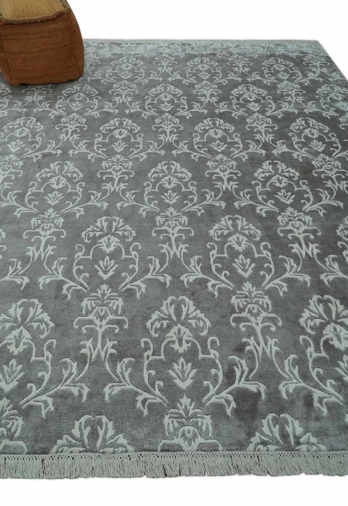 Fine 8x10 Hand Knotted Gray and Ivory Traditional Modern Style Art Art Silk Rug, Living Room Rug
