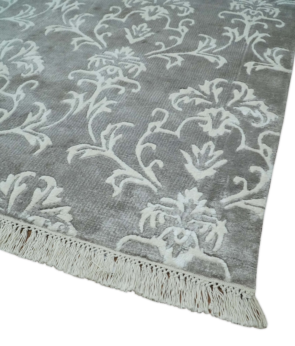 Fine 8x10 Hand Knotted Gray and Ivory Traditional Modern Style Art Art Silk Rug, Living Room Rug