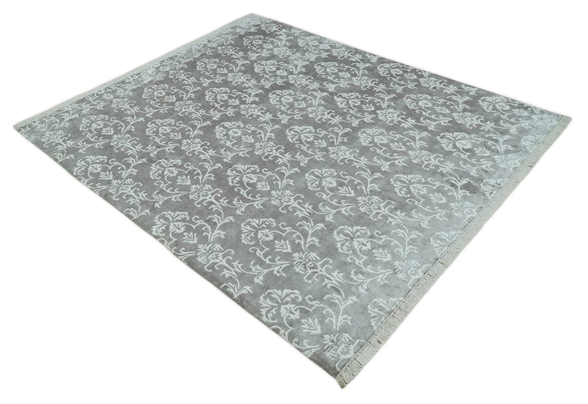 Fine 8x10 Hand Knotted Gray and Ivory Traditional Modern Style Art Art Silk Rug, Living Room Rug