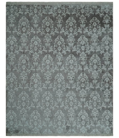 Fine 8x10 Hand Knotted Gray and Ivory Traditional Modern Style Art Art Silk Rug, Living Room Rug