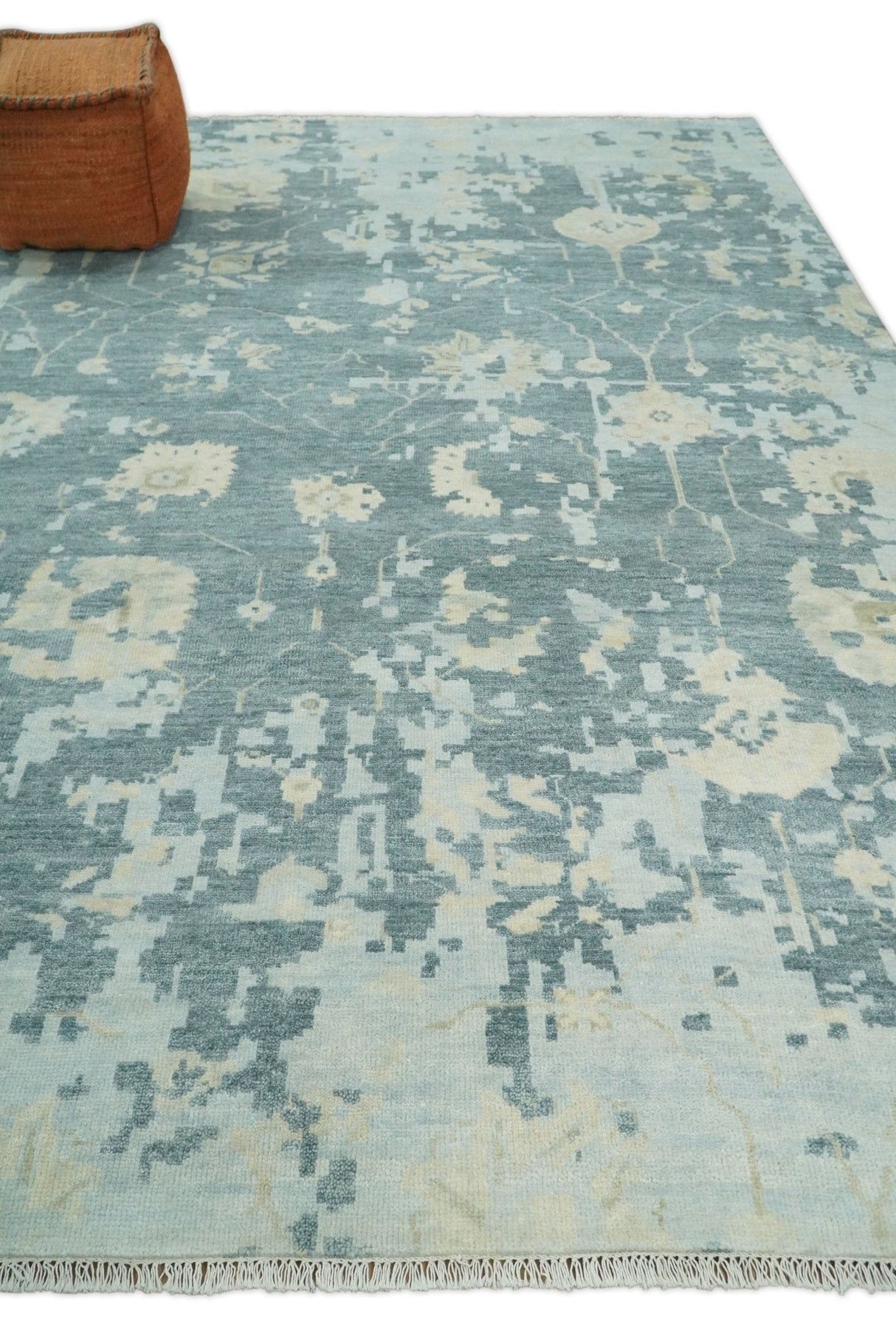 Fine Antique 8x10 Beige and Blue Abstract Hand Knotted Wool Area Rug | TRDCP506912