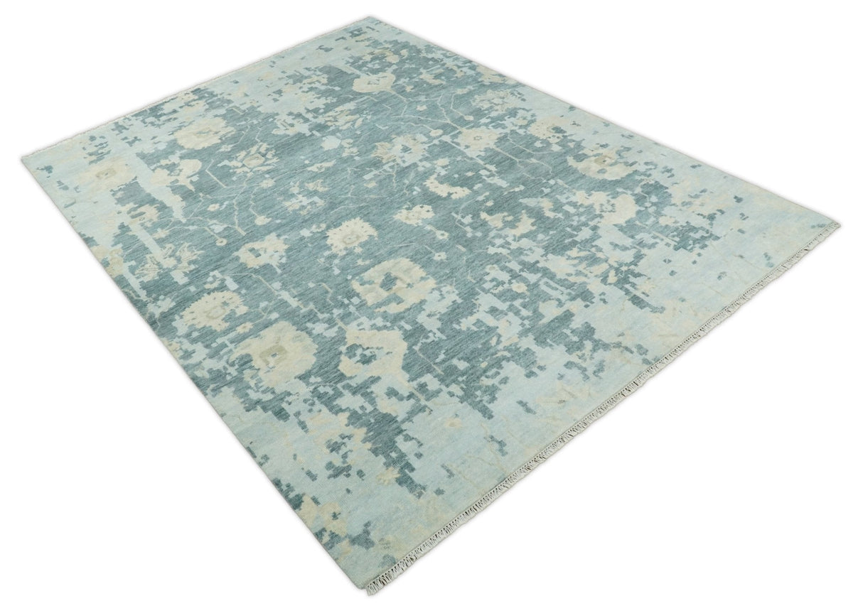 Fine Antique 8x10 Beige and Blue Abstract Hand Knotted Wool Area Rug | TRDCP506912