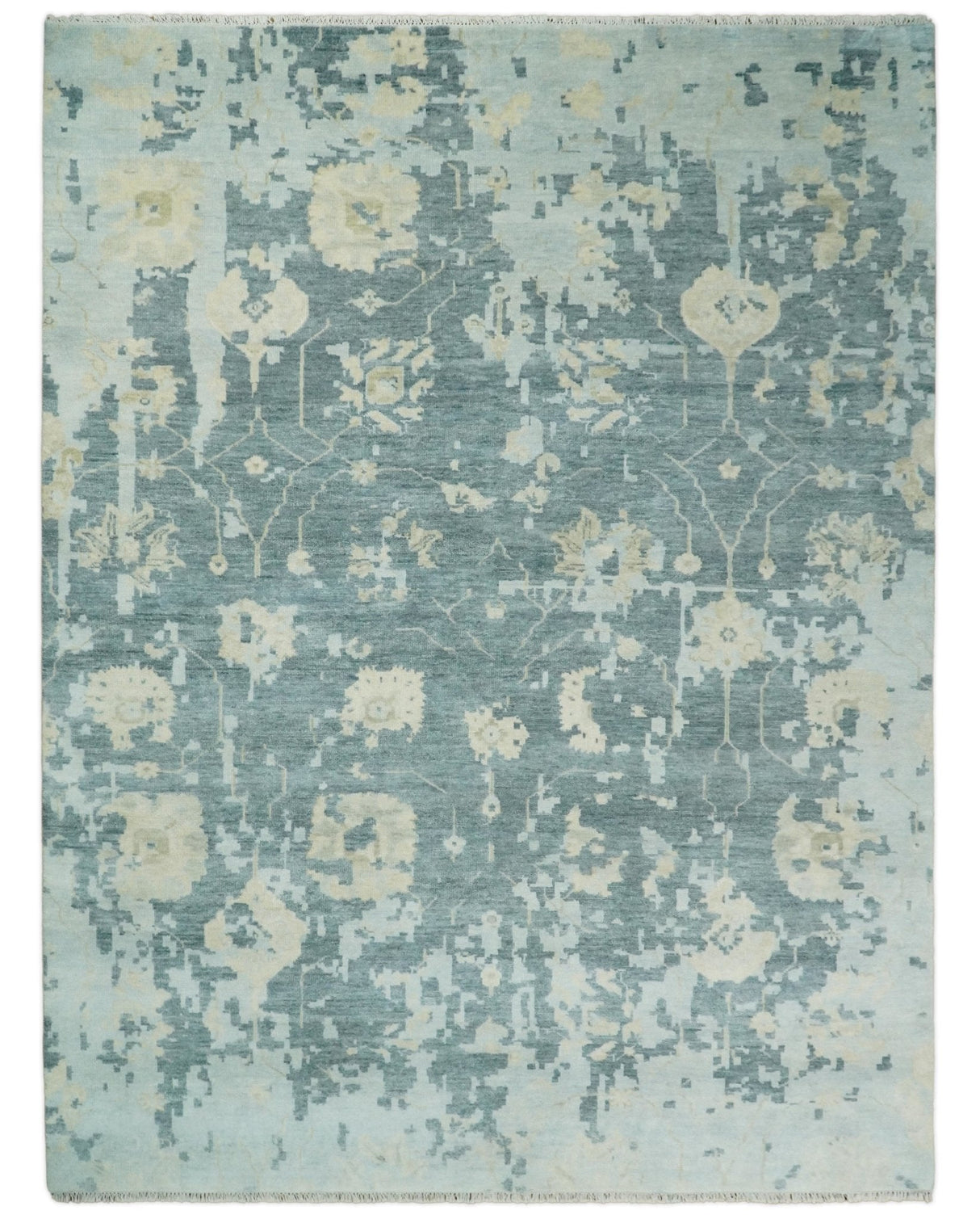 Fine Antique 8x10 Beige and Blue Abstract Hand Knotted Wool Area Rug | TRDCP506912