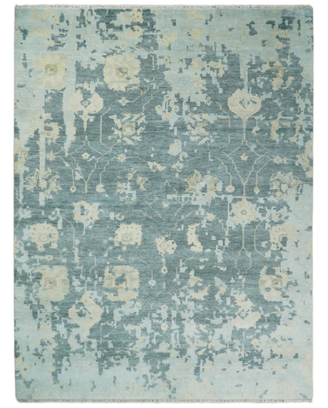 Fine Antique 8x10 Beige and Blue Abstract Hand Knotted Wool Area Rug | TRDCP506912