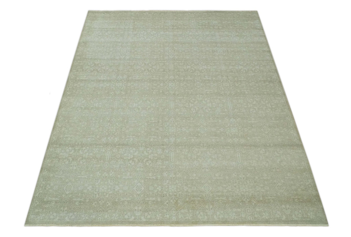 Fine Antique Design Ivory and light Olive Traditional Hand Knotted 8x10 wool area Rug