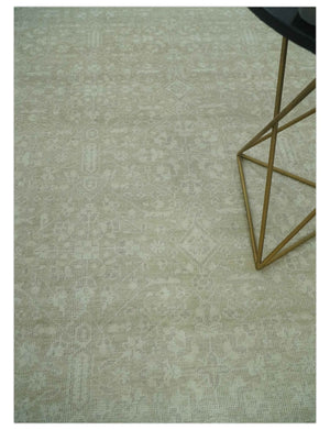 Fine Antique Design Ivory and light Olive Traditional Hand Knotted 8x10 wool area Rug