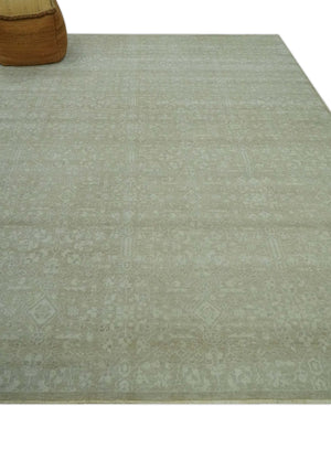 Fine Antique Design Ivory and light Olive Traditional Hand Knotted 8x10 wool area Rug