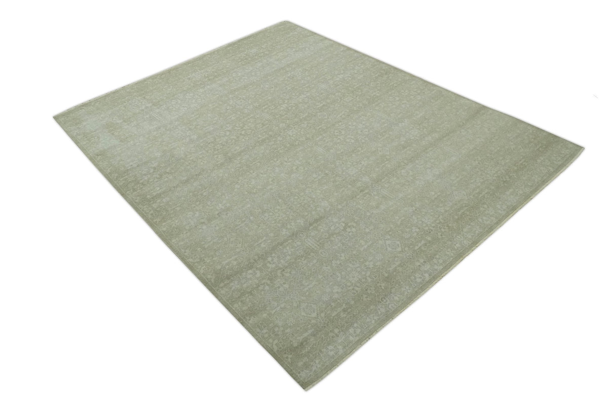 Fine Antique Design Ivory and light Olive Traditional Hand Knotted 8x10 wool area Rug