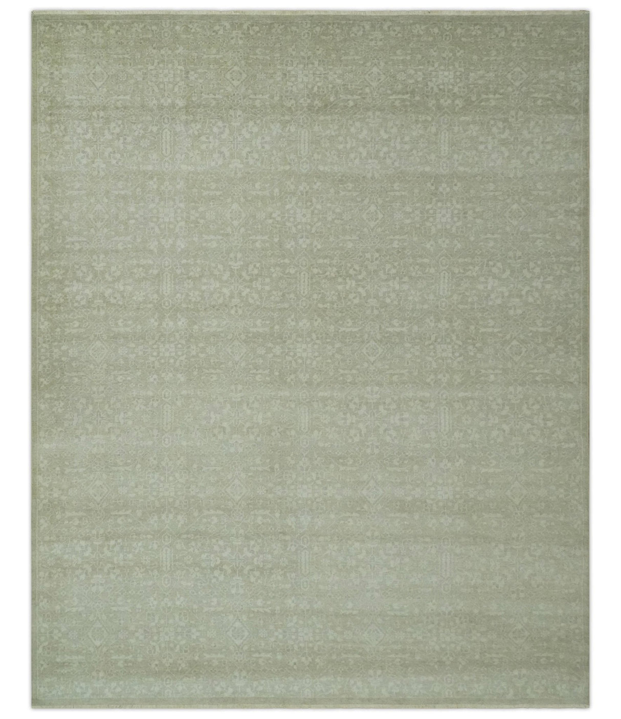 Fine Antique Design Ivory and light Olive Traditional Hand Knotted 8x10 wool area Rug