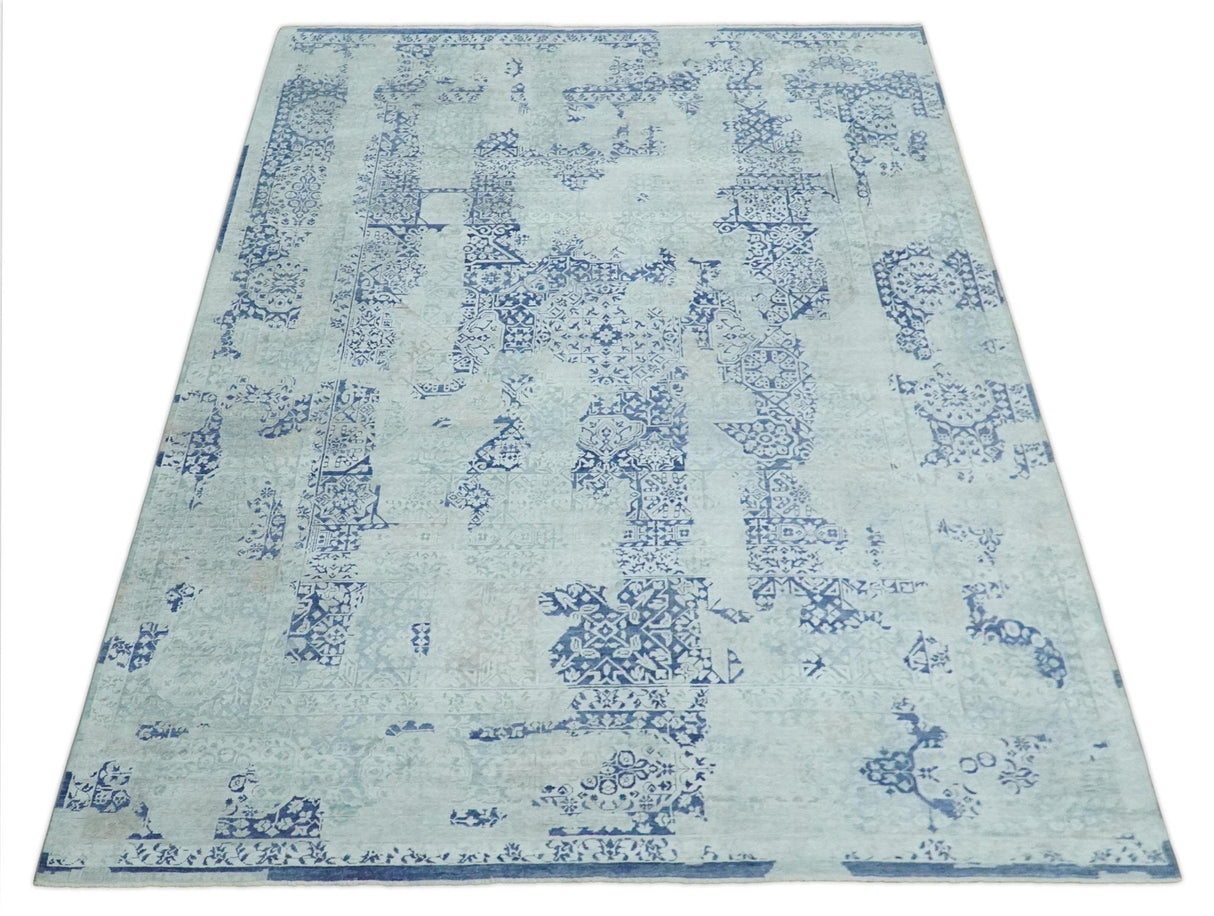 Fine Antique Design Silver, Light Teal and Blue transitional Hand Knotted 8x10 wool and Art Silk area Rug