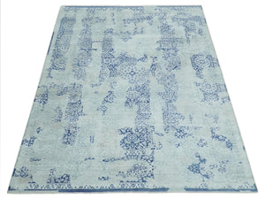 Fine Antique Design Silver, Light Teal and Blue transitional Hand Knotted 8x10 wool and Art Silk area Rug