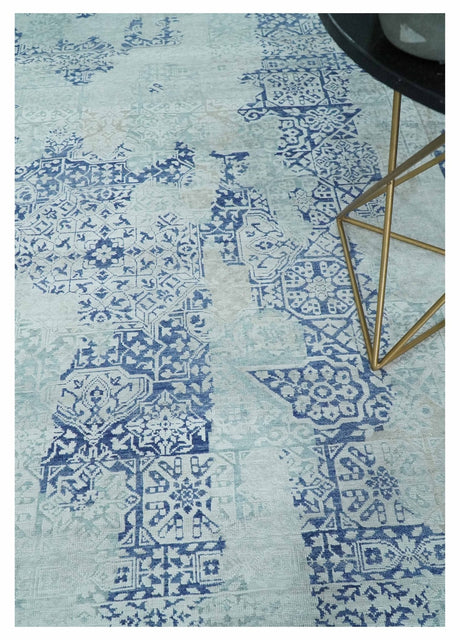 Fine Antique Design Silver, Light Teal and Blue transitional Hand Knotted 8x10 wool and Art Silk area Rug
