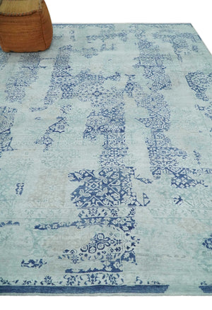 Fine Antique Design Silver, Light Teal and Blue transitional Hand Knotted 8x10 wool and Art Silk area Rug