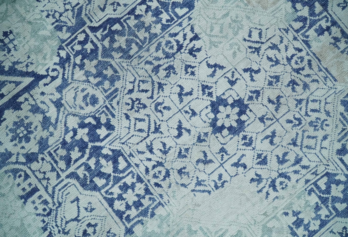 Fine Antique Design Silver, Light Teal and Blue transitional Hand Knotted 8x10 wool and Art Silk area Rug