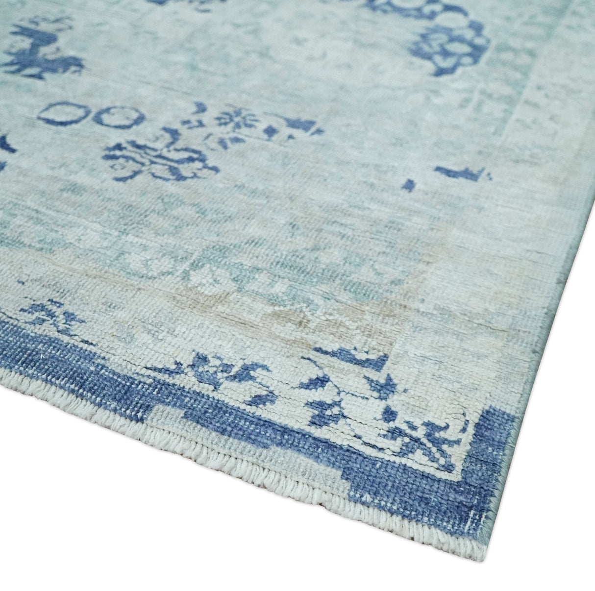 Fine Antique Design Silver, Light Teal and Blue transitional Hand Knotted 8x10 wool and Art Silk area Rug