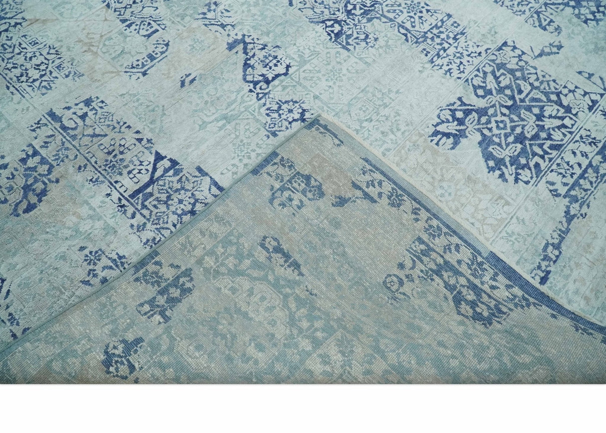 Fine Antique Design Silver, Light Teal and Blue transitional Hand Knotted 8x10 wool and Art Silk area Rug