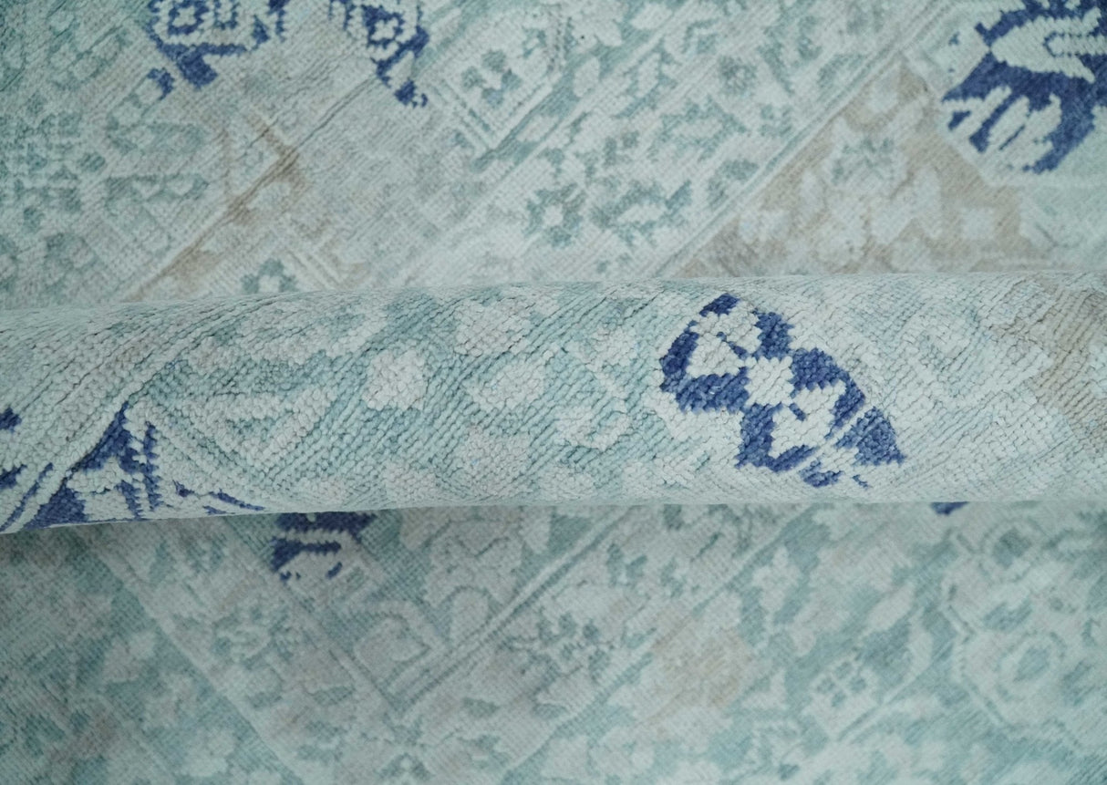 Fine Antique Design Silver, Light Teal and Blue transitional Hand Knotted 8x10 wool and Art Silk area Rug