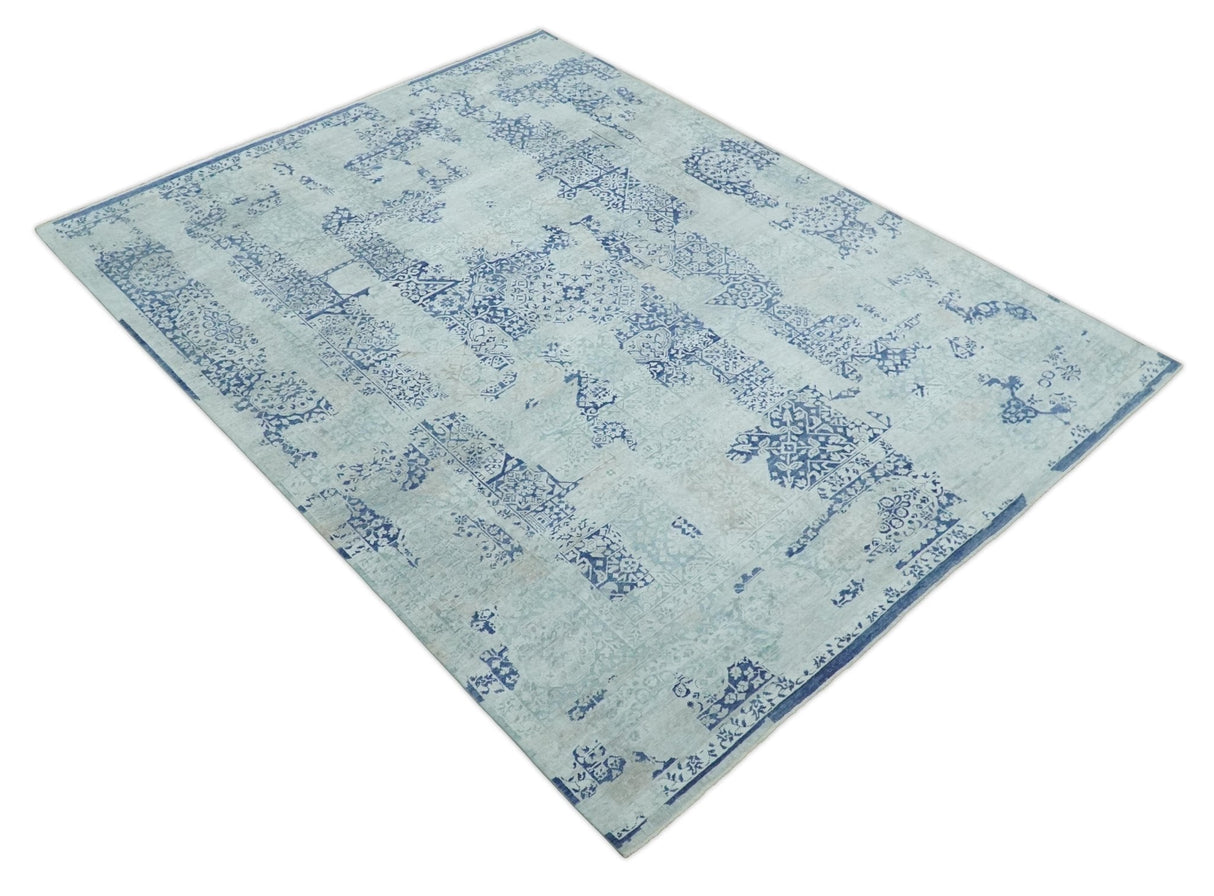 Fine Antique Design Silver, Light Teal and Blue transitional Hand Knotted 8x10 wool and Art Silk area Rug