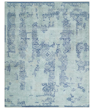 Fine Antique Design Silver, Light Teal and Blue transitional Hand Knotted 8x10 wool and Art Silk area Rug