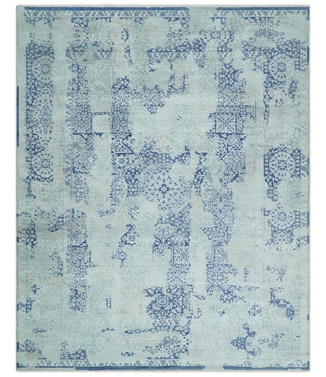 Fine Antique Design Silver, Light Teal and Blue transitional Hand Knotted 8x10 wool and Art Silk area Rug
