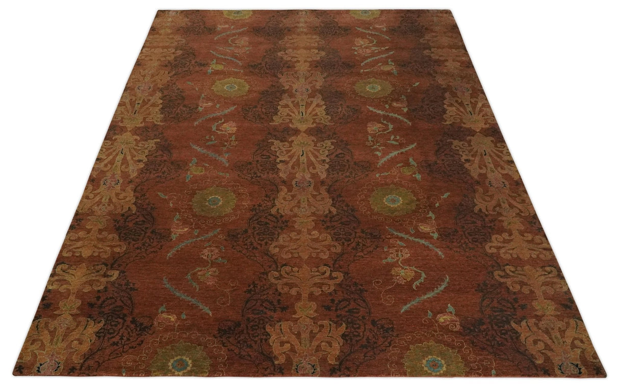 Fine Antique Style Brown, Rust and Green Traditional Ikat design Hand knotted wool Area Rug