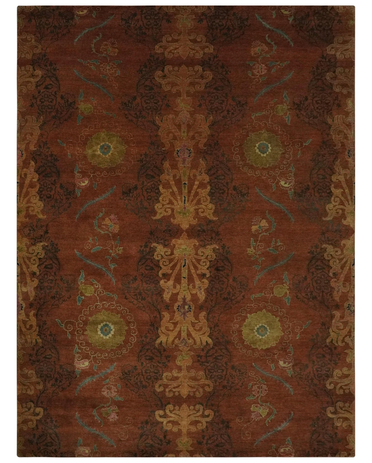 Fine Antique Style Brown, Rust and Green Traditional Ikat design Hand knotted wool Area Rug