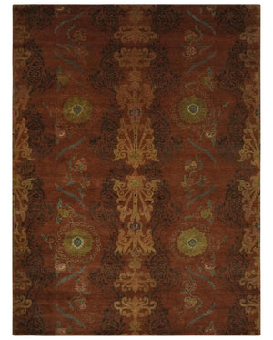 Fine Antique Style Brown, Rust and Green Traditional Ikat design Hand knotted wool Area Rug