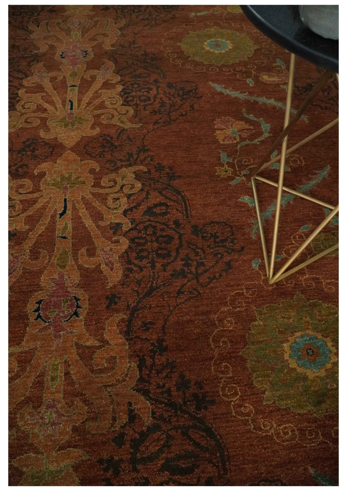 Fine Antique Style Brown, Rust and Green Traditional Ikat design Hand knotted wool Area Rug