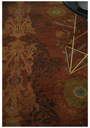 Fine Antique Style Brown, Rust and Green Traditional Ikat design Hand knotted wool Area Rug