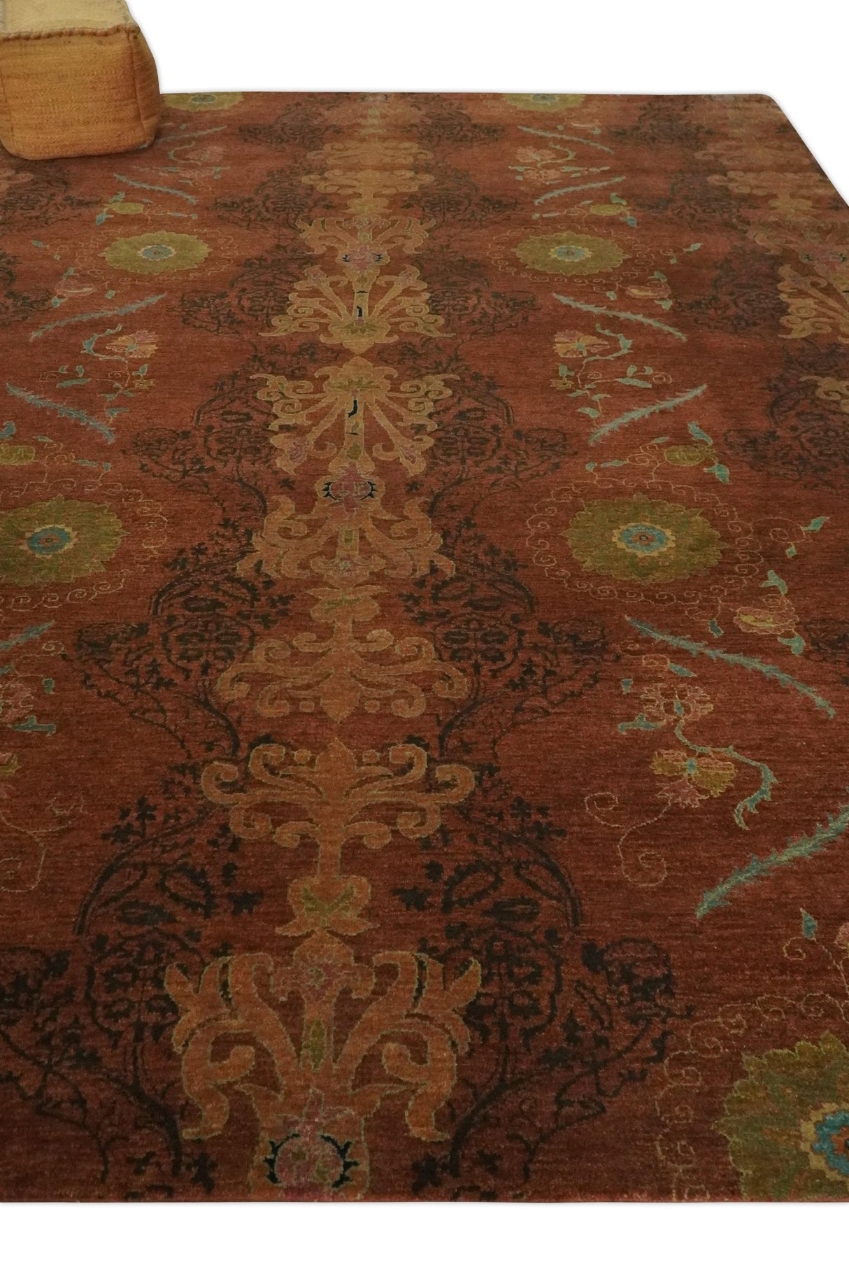 Fine Antique Style Brown, Rust and Green Traditional Ikat design Hand knotted wool Area Rug