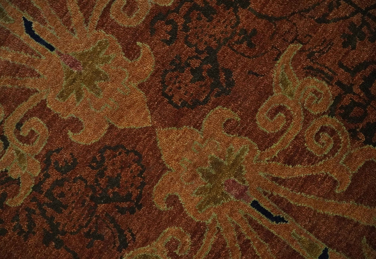 Fine Antique Style Brown, Rust and Green Traditional Ikat design Hand knotted wool Area Rug
