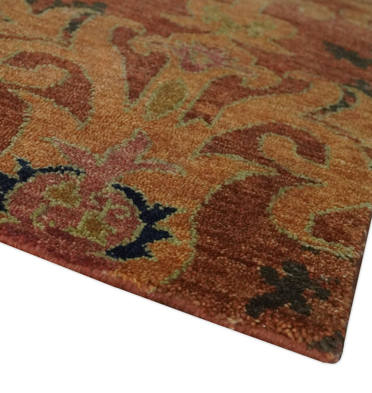 Fine Antique Style Brown, Rust and Green Traditional Ikat design Hand knotted wool Area Rug