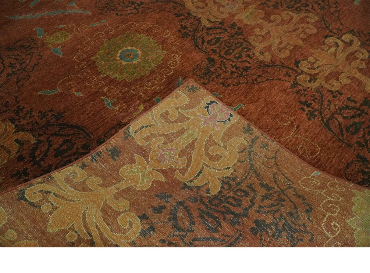 Fine Antique Style Brown, Rust and Green Traditional Ikat design Hand knotted wool Area Rug