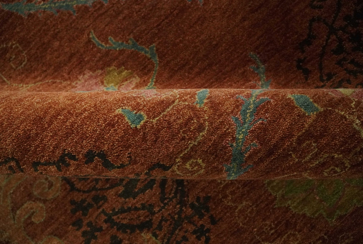 Fine Antique Style Brown, Rust and Green Traditional Ikat design Hand knotted wool Area Rug