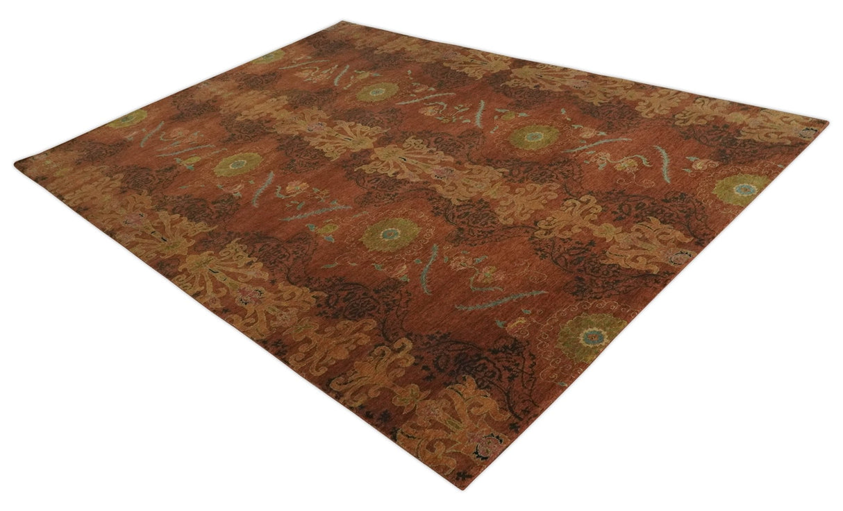 Fine Antique Style Brown, Rust and Green Traditional Ikat design Hand knotted wool Area Rug